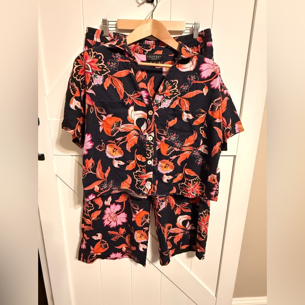Laundry By Shelli Segal Navy Floral Shirt and Pant Set Women’s Large Linen Blend